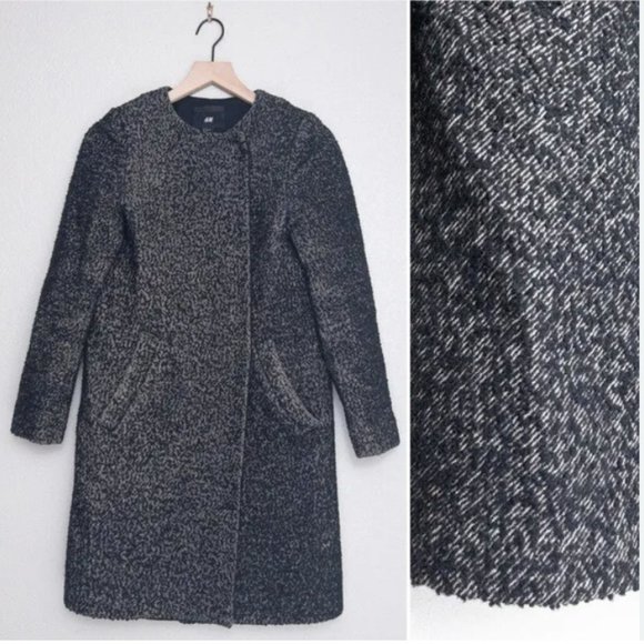 H&M Wool Blend Topcoat 2 Woven Black Formal Pockets Peacoat Collarless - Picture 1 of 5